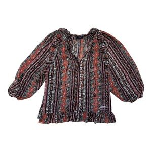 Lucky Brand Persian Print Chiffon Peasant Top Boho Blouse S